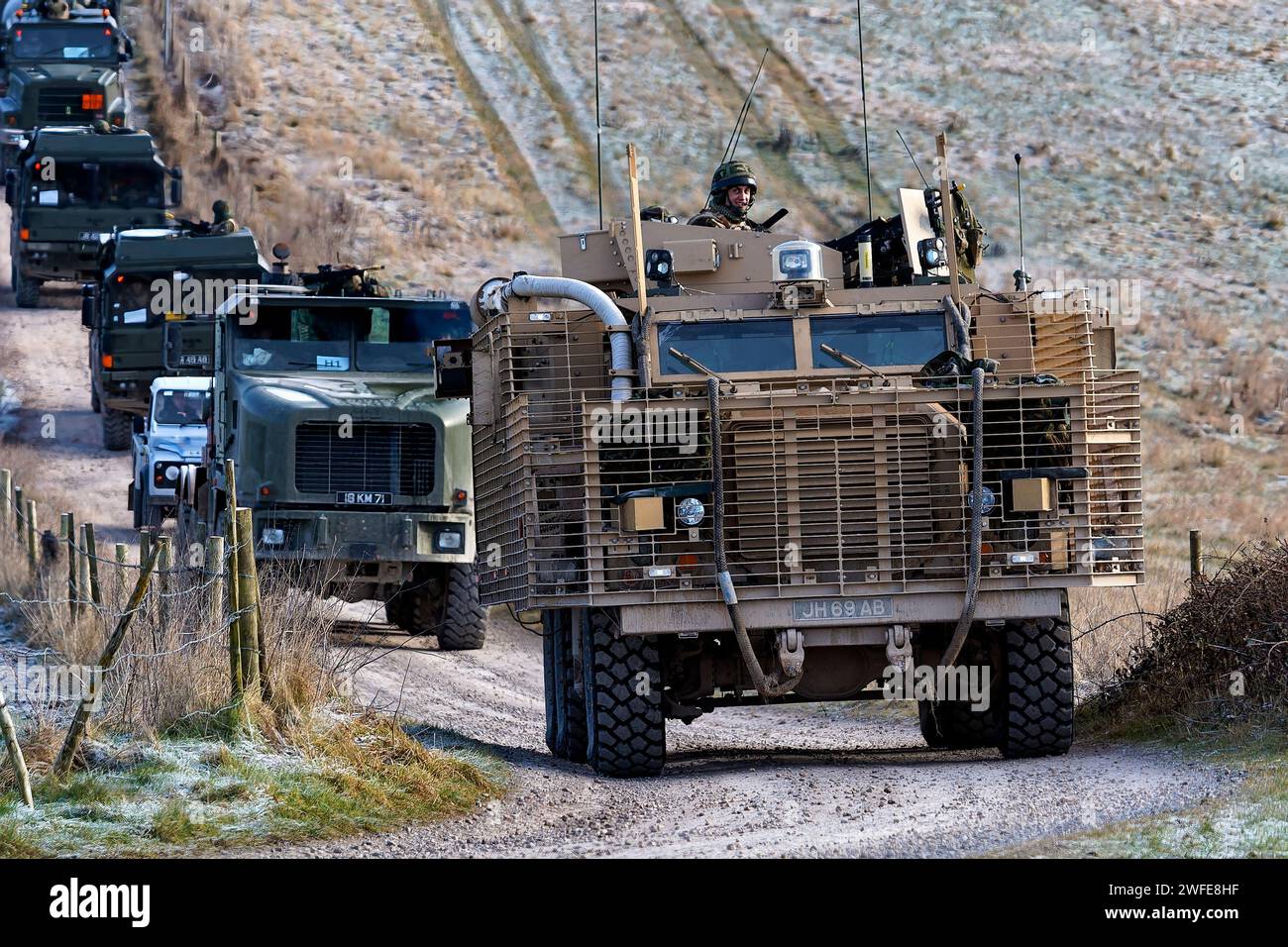 Salisbury Plain, Wiltshire, UK - February 11 2010:British Army Mastiff 2, 6x6 wheel-drive armoured patrol vehicle on the Salisbury Plain Training Area Stock Photo