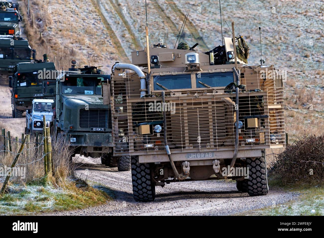 Salisbury Plain, Wiltshire, UK - February 11 2010:British Army Mastiff 2, 6x6 wheel-drive armoured patrol vehicle on the Salisbury Plain Training Area Stock Photo