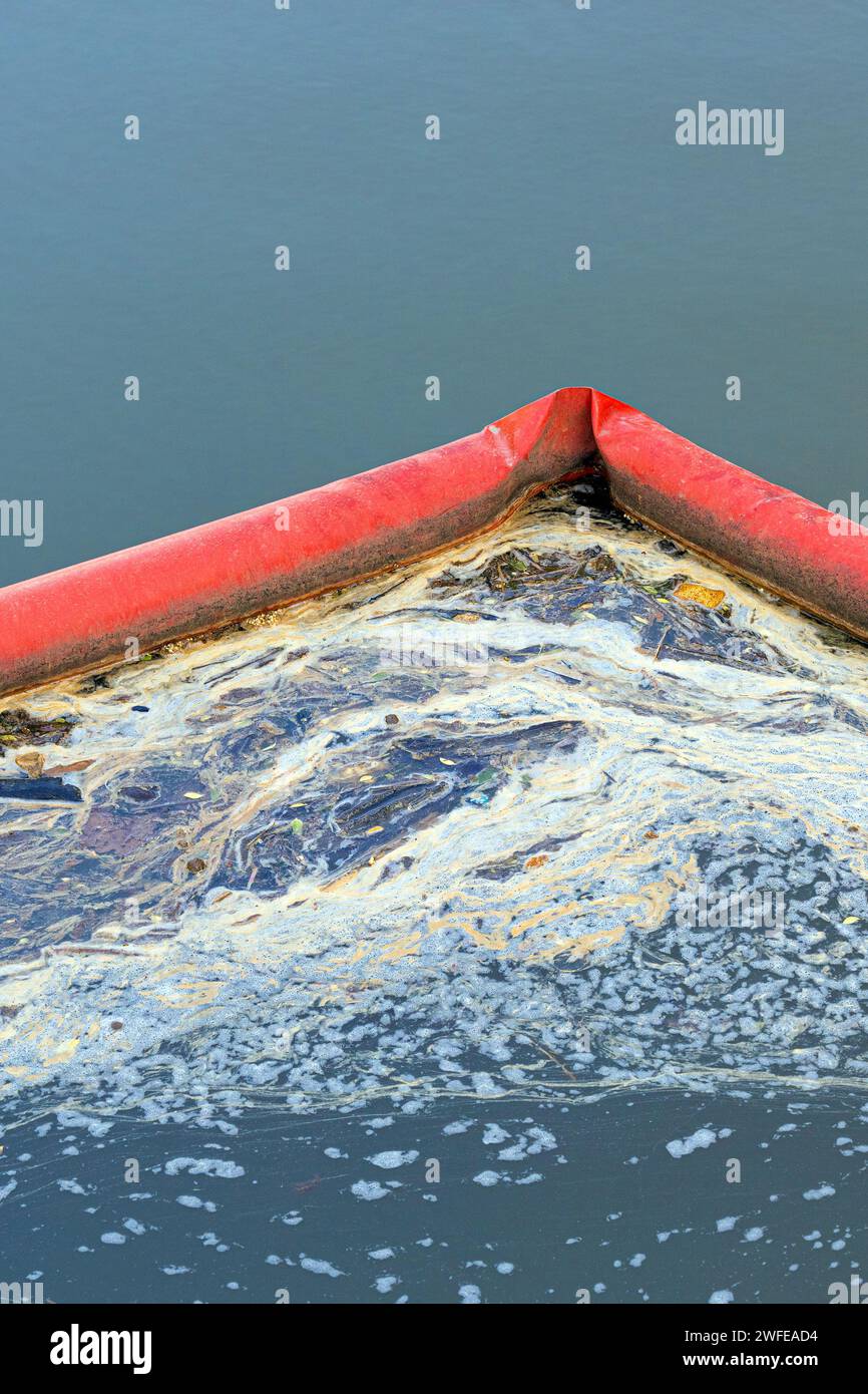 floating barrier for debris floating in a pond. barrier for floating debris. cleaning a pond