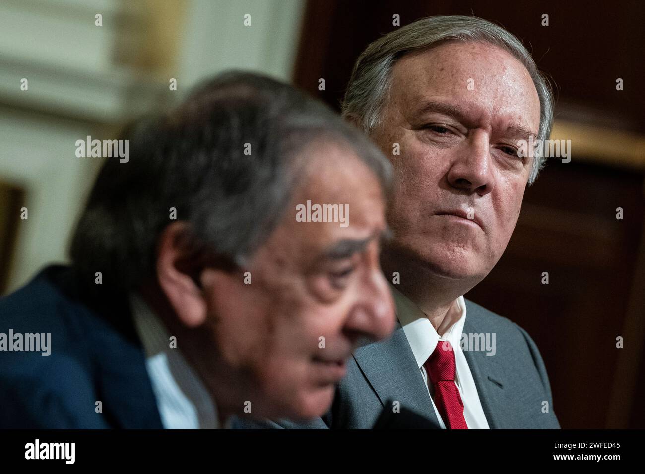 Washington, USA. 30th Jan, 2024. Former U.S. Secretary of State Mike Pompeo, right, listens to Former U.S. Secretary of Defense Leon Panetta testify during a House Select Committee on the Chinese Communist Party hearing on the Chinese Communist Party's support for America's adversaries, at the U.S. Capitol, in Washington, DC, on Tuesday, January 30, 2024. (Graeme Sloan/Sipa USA) Credit: Sipa USA/Alamy Live News Stock Photo