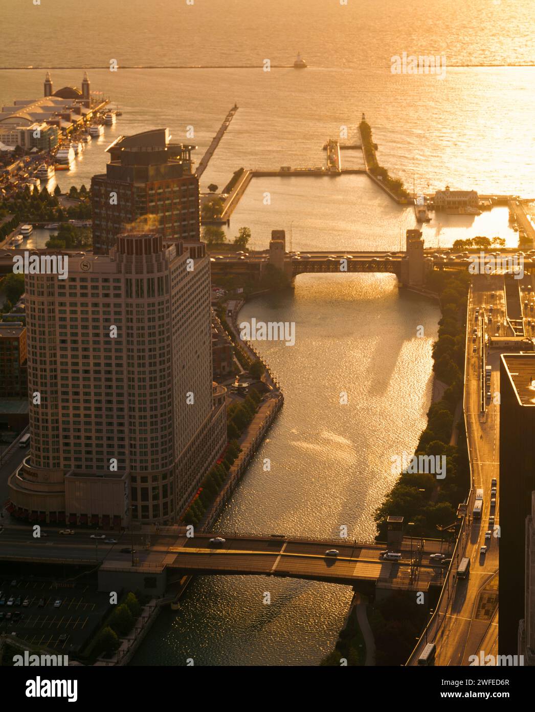 Columbus and LSD Bridge over Chicago River, Chicago, Illinois Stock Photo