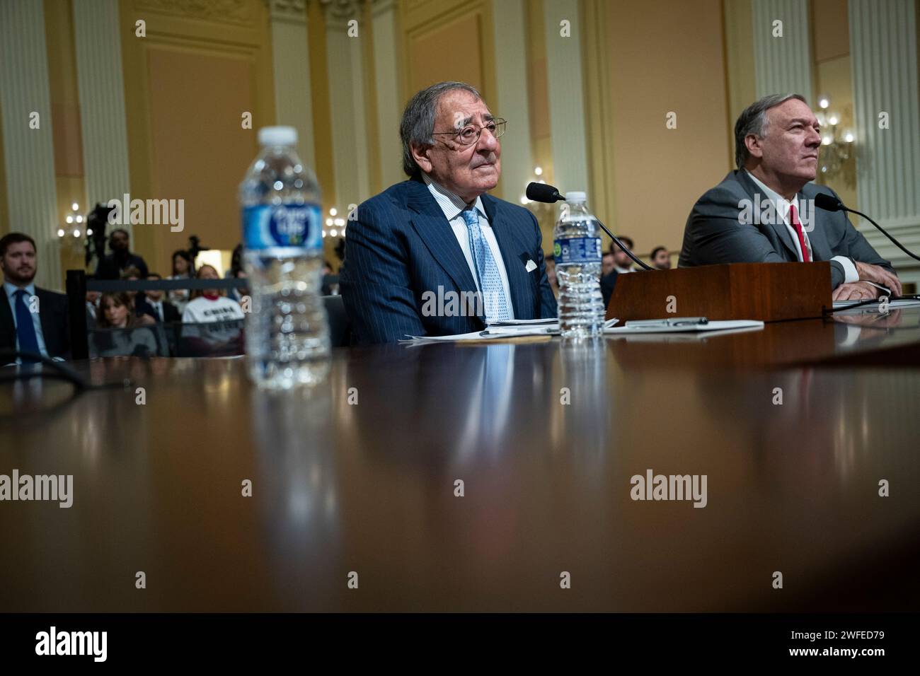 Washington, USA. 30th Jan, 2024. Former U.S. Secretary of Defense Leon Panetta and former U.S. Secretary of State Mike Pompeo testify during a House Select Committee on the Chinese Communist Party hearing on the Chinese Communist Party's support for America's adversaries, at the U.S. Capitol, in Washington, DC, on Tuesday, January 30, 2024. (Graeme Sloan/Sipa USA) Credit: Sipa USA/Alamy Live News Stock Photo