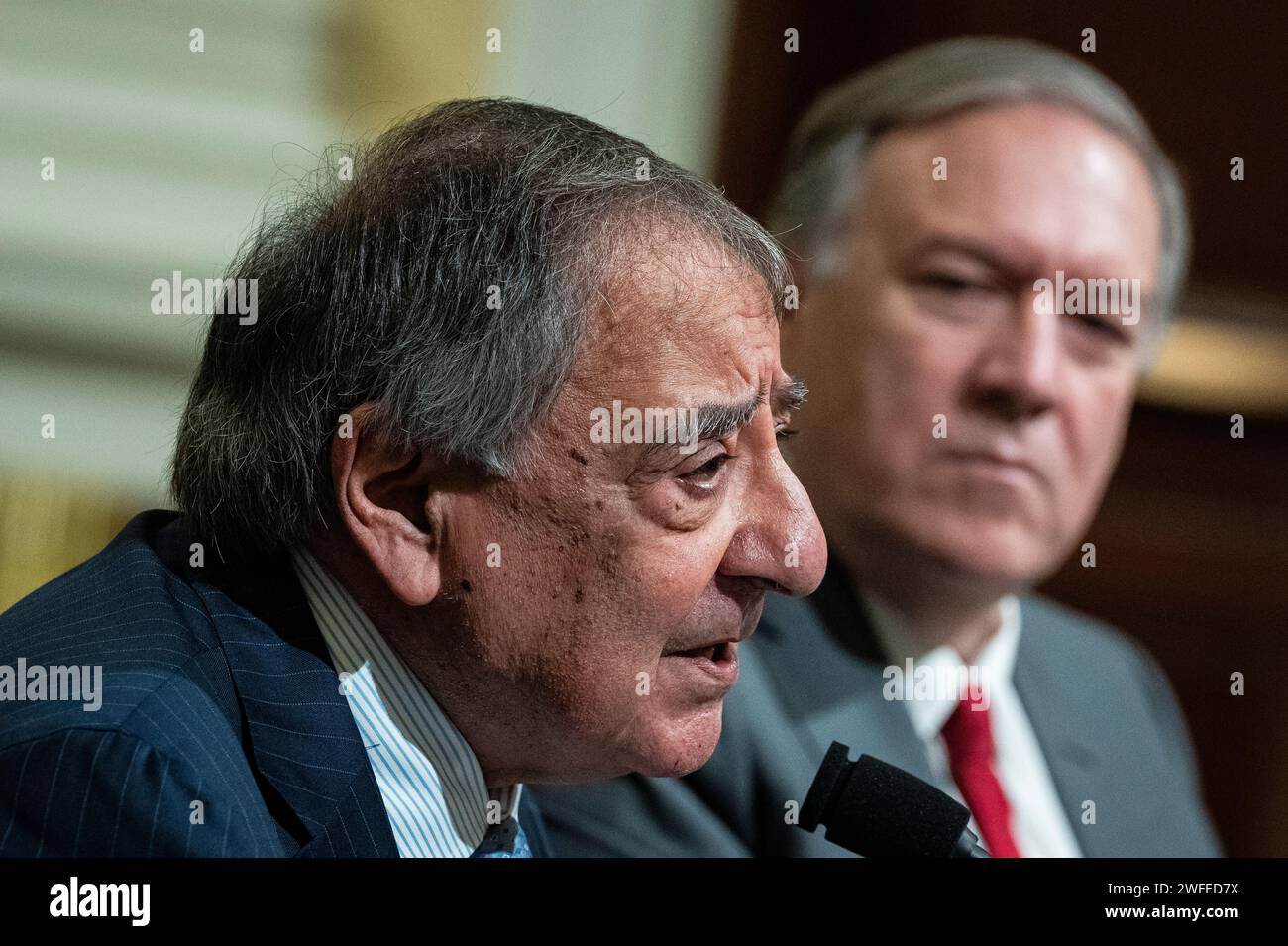 Washington, USA. 30th Jan, 2024. Former U.S. Secretary of Defense Leon Panetta and Former U.S. Secretary of State Mike Pompeo testify during a House Select Committee on the Chinese Communist Party hearing on the Chinese Communist Party's support for America's adversaries, at the U.S. Capitol, in Washington, DC, on Tuesday, January 30, 2024. (Graeme Sloan/Sipa USA) Credit: Sipa USA/Alamy Live News Stock Photo