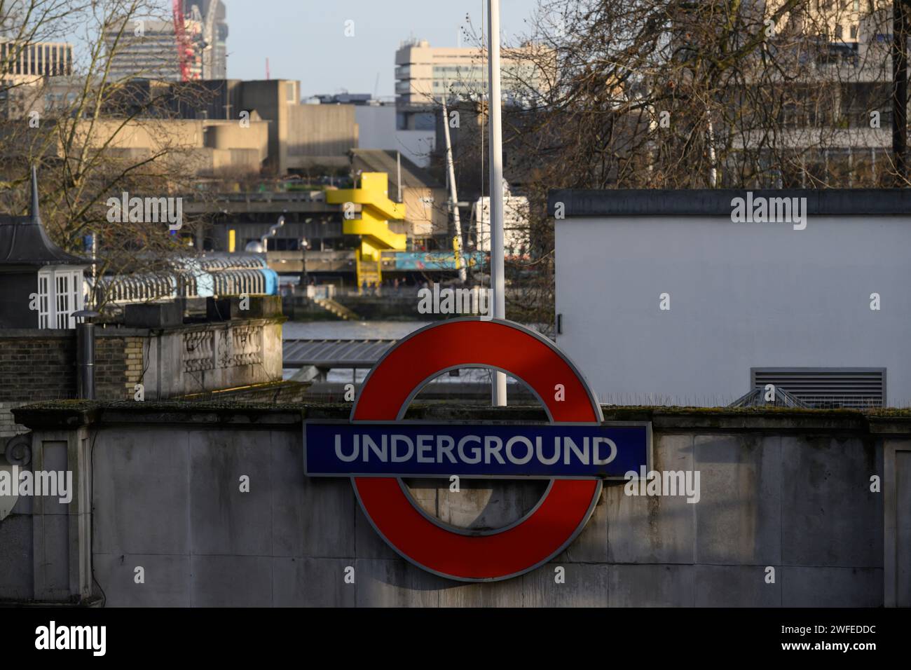 The entrance to Embankment Underground Station with the Southbank Centre in the background. Embankment Underground Station, London, UK.  28 Jan 2024 Stock Photo