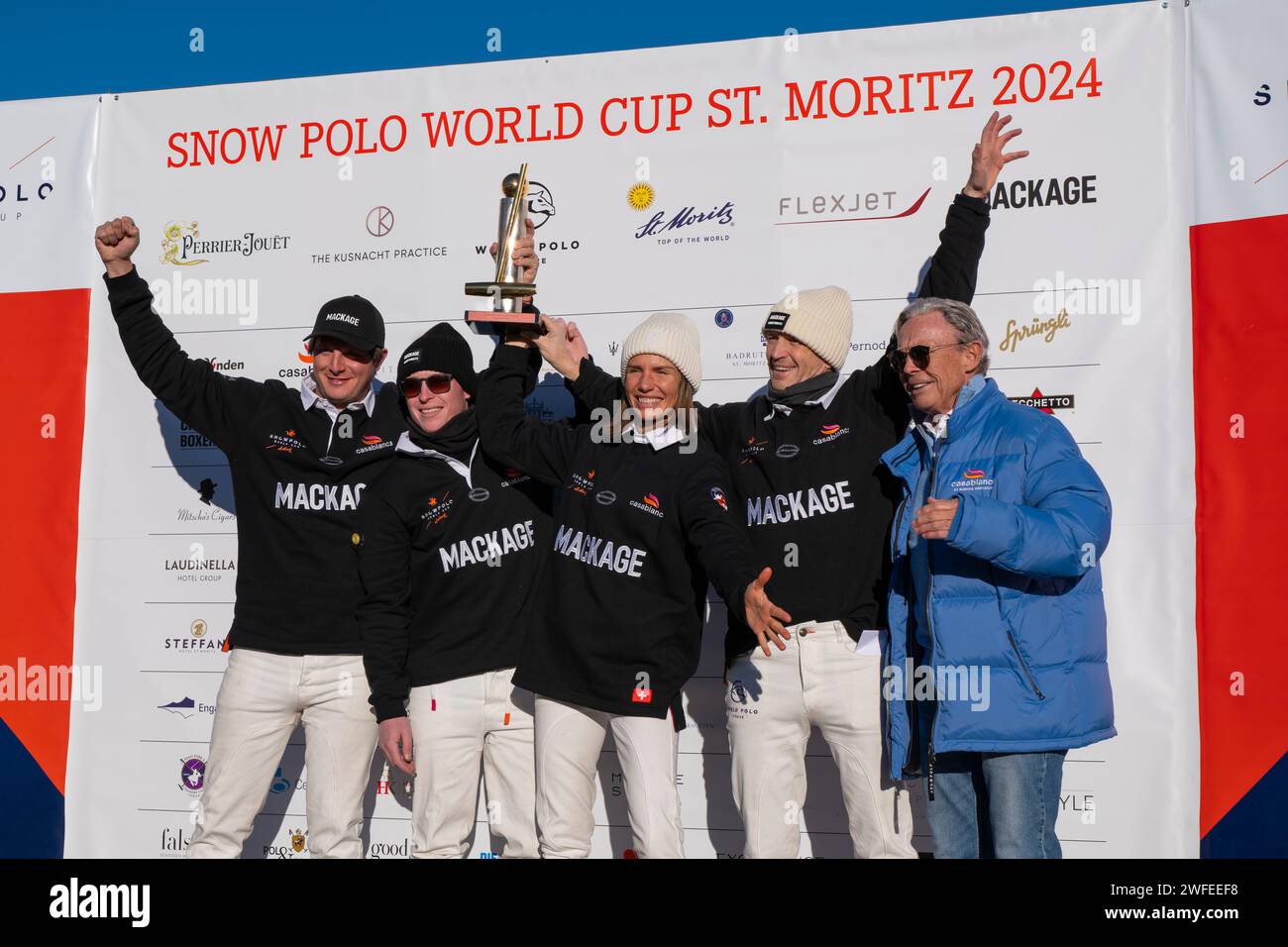 St. Moritz - January 28, 2024: Game actions and awards ceremony at the Snow Polo World Cup St.Moritz 2024 finals Stock Photo
