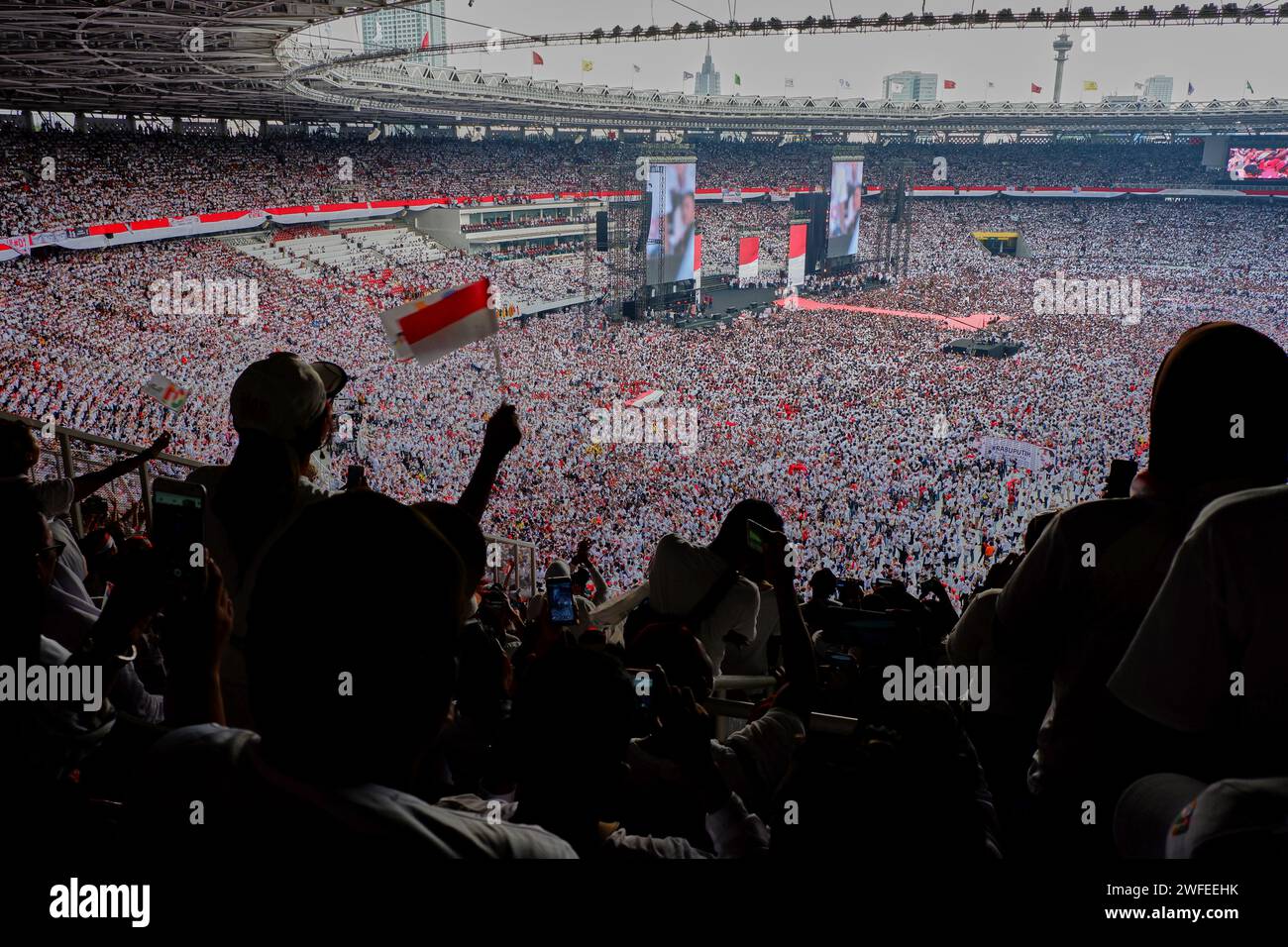 Jakarta, Indonesia - April 13, 2019: Crowd of Jokowi supporters in the Gelora Bung Karno Stadium in final rally of presidential election Stock Photo