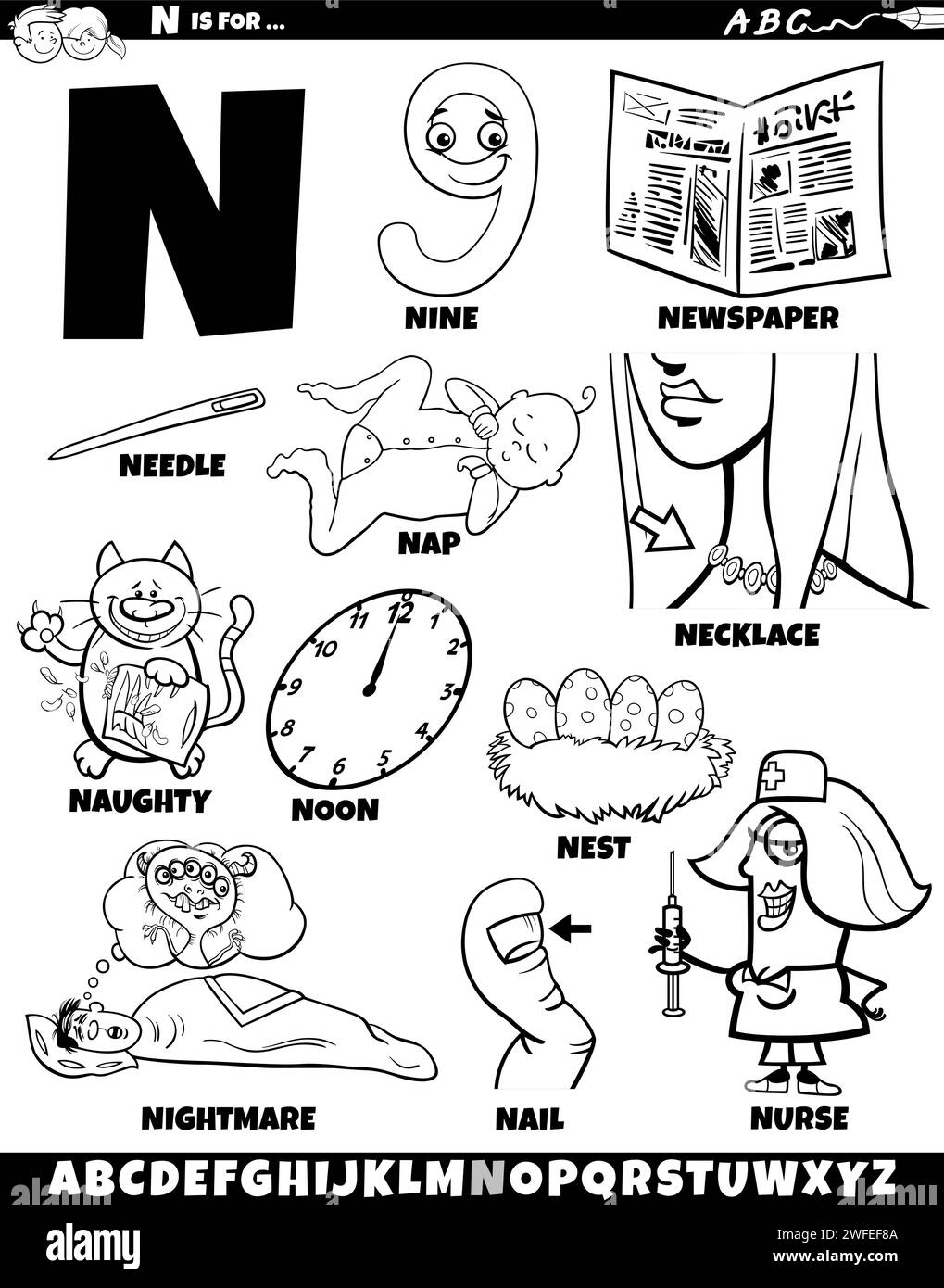 Cartoon illustration of objects and characters set for letter N coloring page Stock Vector