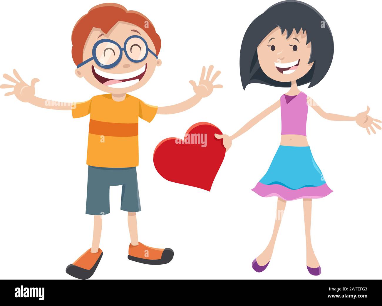 Cartoon illustration with girl and boy characters with Valentines Day ...