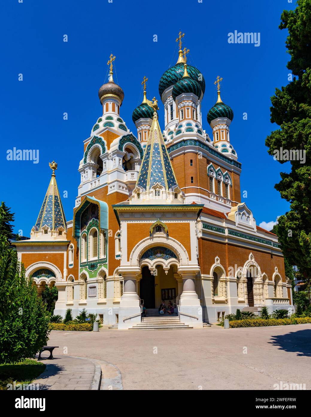Nice, France - August 7, 2022: Cathedrale Saint Nicolas Orthodox Russian church of Moscow Patriarchate in historic Le Piol district of Nice on French Stock Photo
