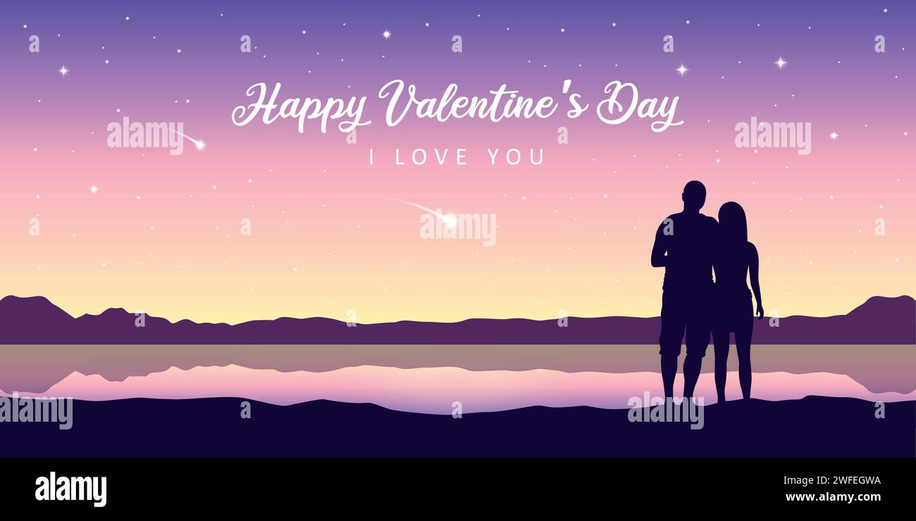 romantic night couple in love at the lake with falling stars vector ...