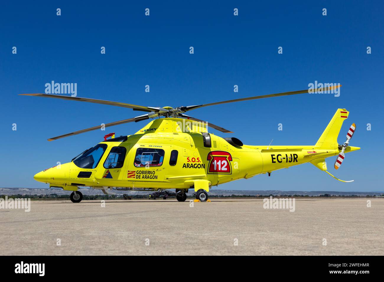 Agusta A109 Power resque helicopter from Inaer on the tarmac of Zaragoza airbase. Zaragoza, Spain - May 20, 2016 Stock Photo