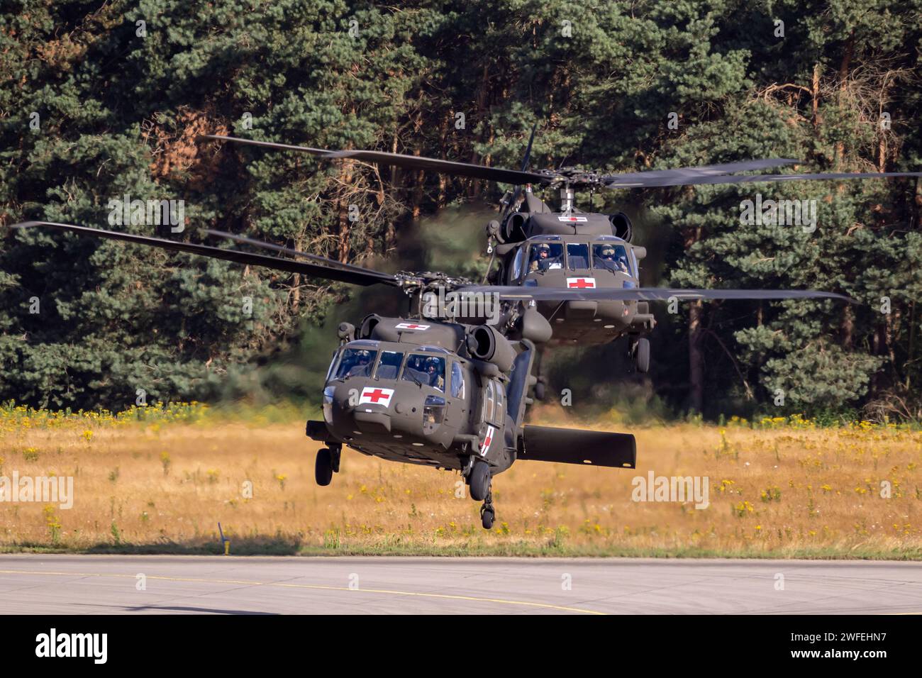 US Army Sikorsky HH-60M Blackhawk medevac helicopters taking off. USA - June 22, 2018 Stock Photo
