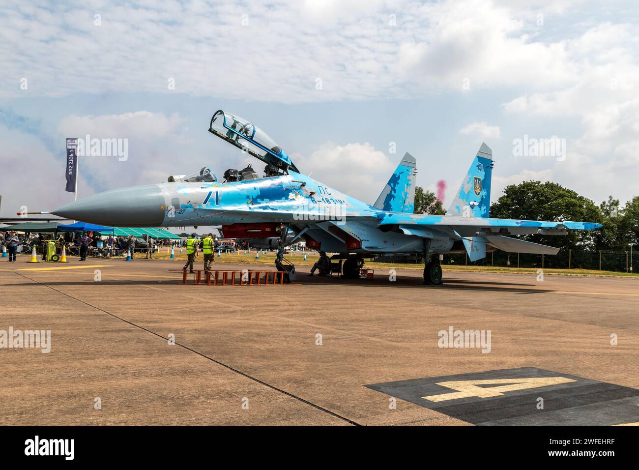 Ukrainian Air Force Sukhoi Su-27 Flanker fighter aircraft on the tarmac of RAF Fairford Airbase. UK - JUly 13, 2018 Stock Photo