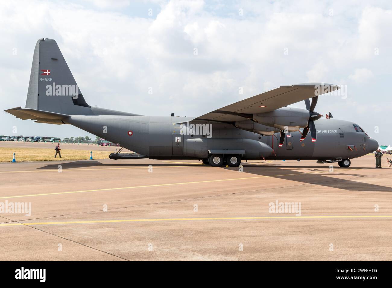 Royal Danish Air Force Lockheed C-130J Hercules transport plane on the tarmac of RAF Fairford air base. Fairford, UK - July 13, 2018 Stock Photo