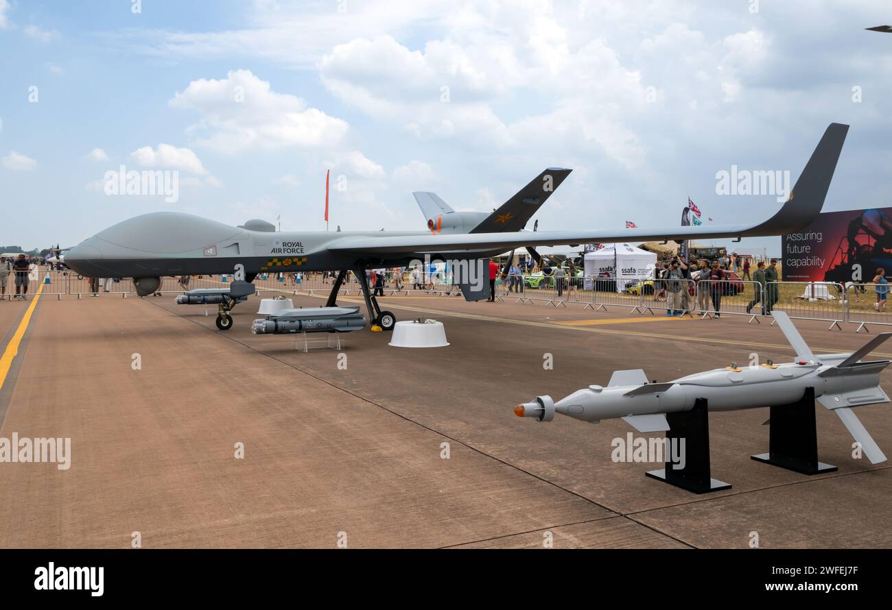RAF Protector RG Mk 1 (General Atomics MQ-9B Reaper) UAV drone on display at RAF Fairford air base. Fairford, UK - July 13, 2018 Stock Photo