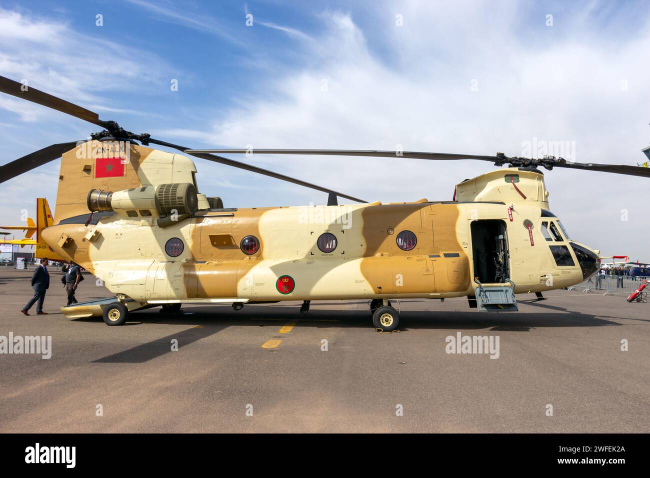 Royal Moroccan Air Force Boeing CH-47D Chinook transport helicopter at the Marrakech Air Show. Marrakesh, Morocco - April 28, 2016 Stock Photo