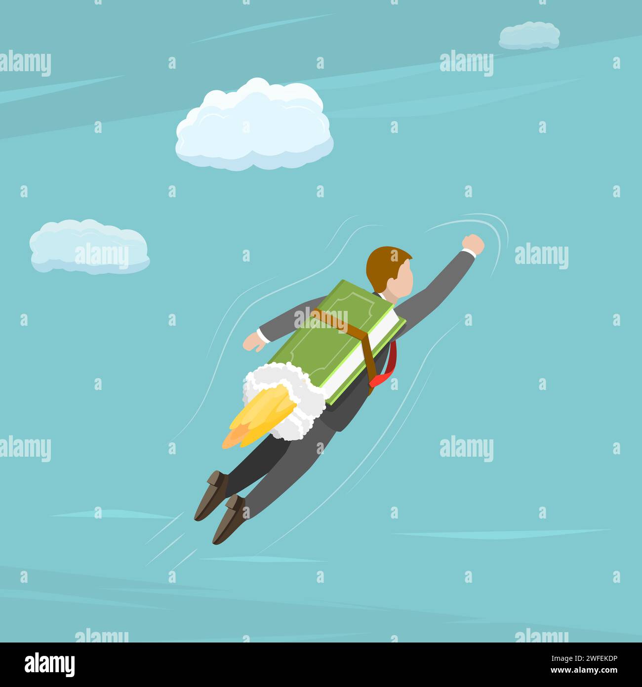 Knowledge is freedom flat isometric vector concept. Man is flying high to the sky using a book like a rocket attached to his back. Stock Vector