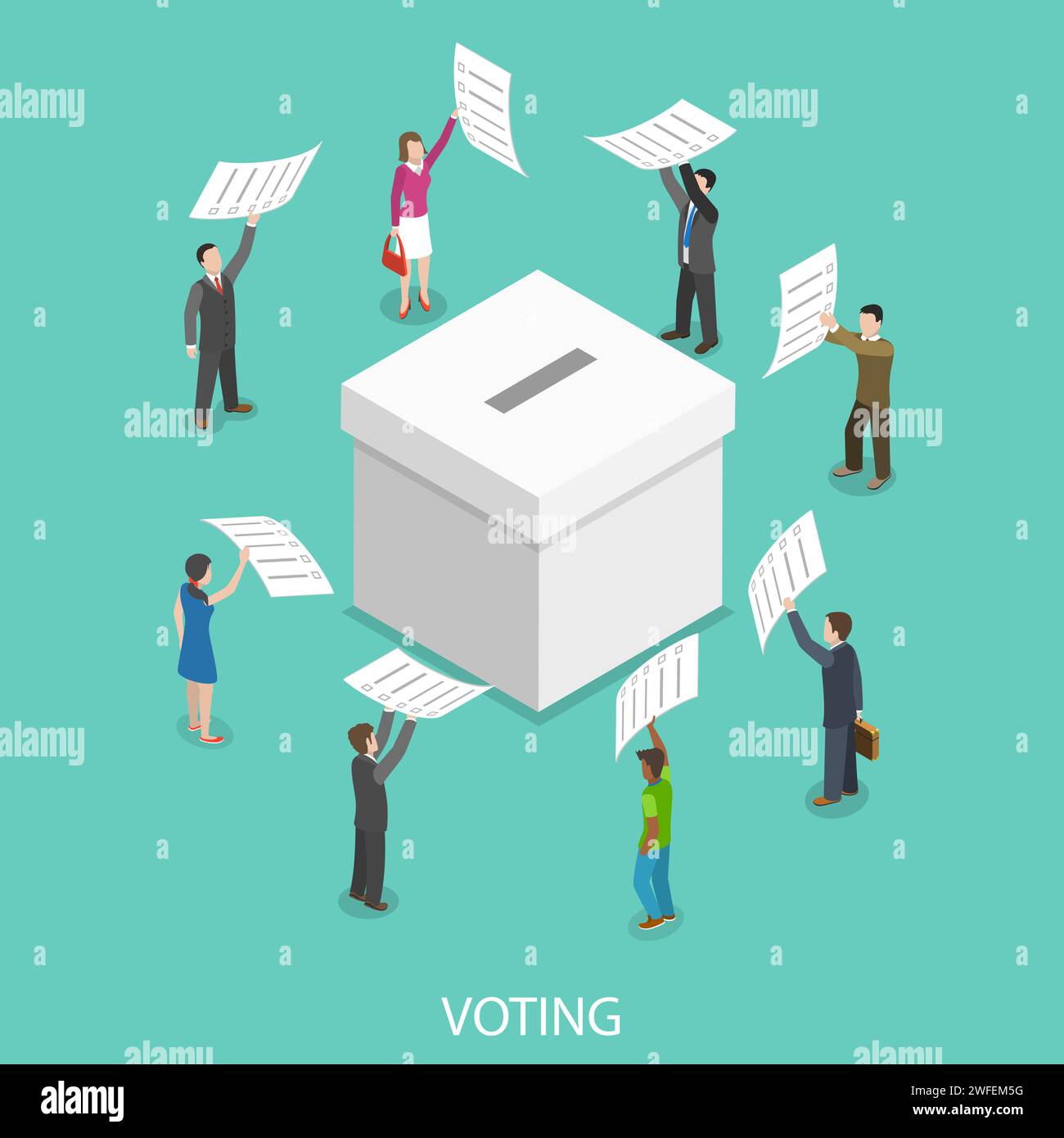 Voting flat isometric vector concept. People are putting their ballot papers into the big paper voting box. Stock Vector