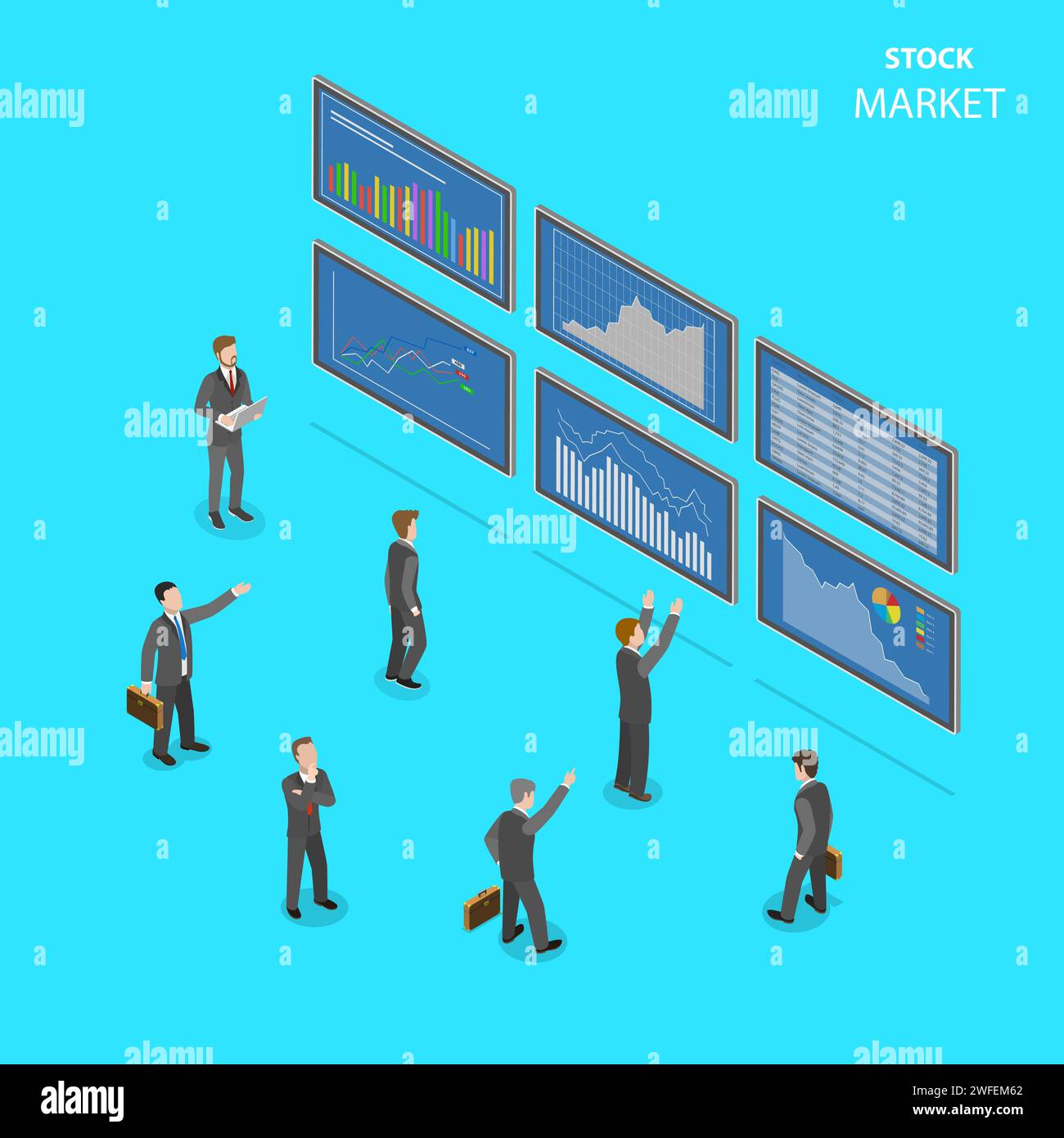 Stock market flat isometric vector concept. People in suits are standing in front of big information boards with some financial data at them. Stock Vector