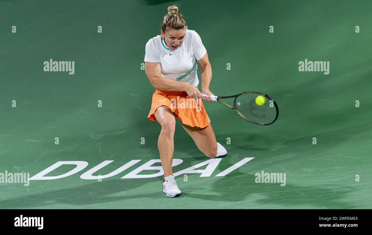 Elena-Gabriela RUSE (ROU) vs Simona HALEP (ROU) during their Singles Round 2 match as part of the Dubai Duty Free Tennis Championships WTA 500 on February 16, 2022 in Dubai, United Arab Emirates. Photo by Victor Fraile / Power Sport Images Stock Photo