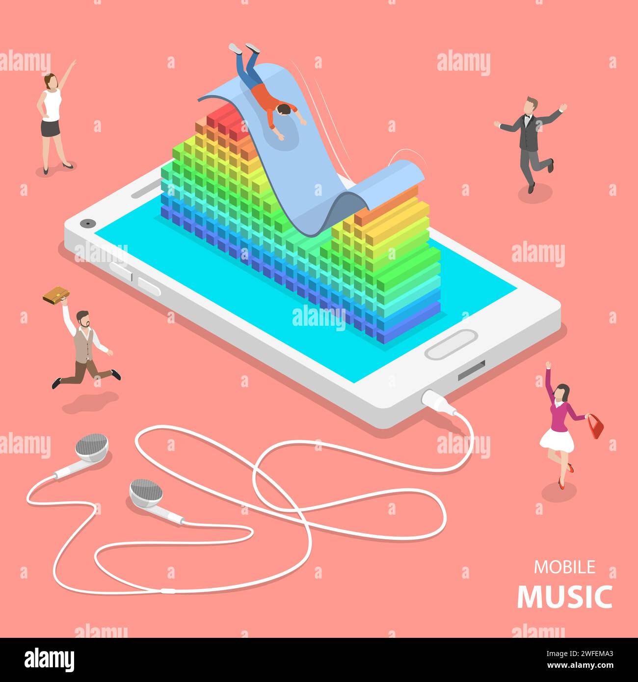 Mobile music flat isometric vector concept. Slider and a 3D audio equalizer are on top the smartphone. People are dancing around it and one of them is Stock Vector