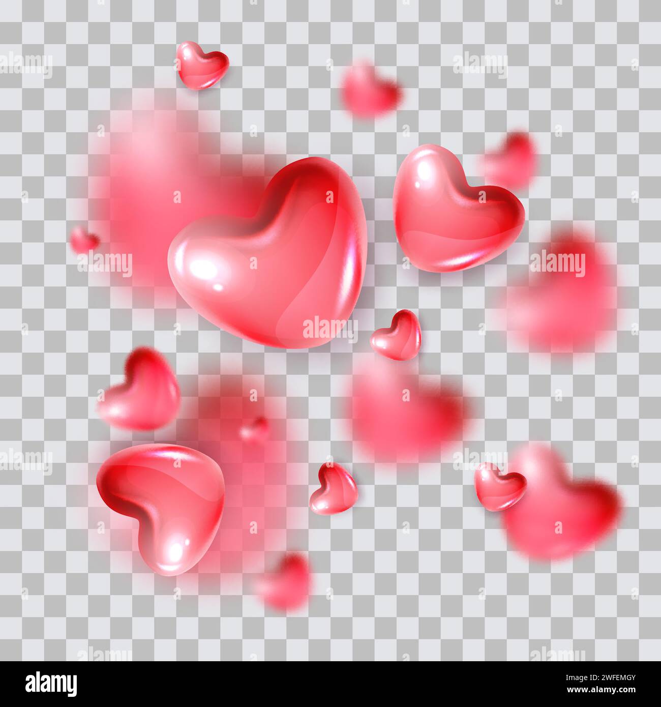 Red realistic 3d glass blurred hearts. Vector glossy plastic design elements. Heart shape isolated on transparent background Stock Vector