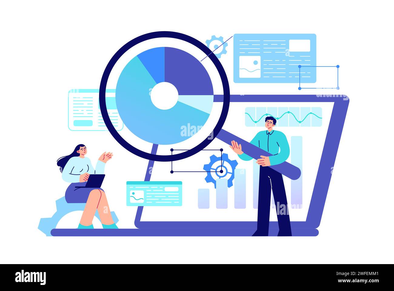 Information technology, workers analyze data Stock Vector