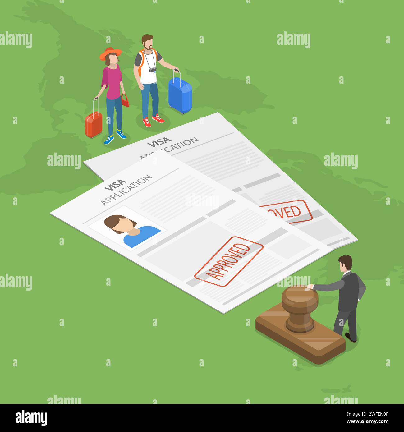 Visa application flat isometric vector concept. Young couple with trunks for traveling are staying in front of the embassy official, with two approved Stock Vector