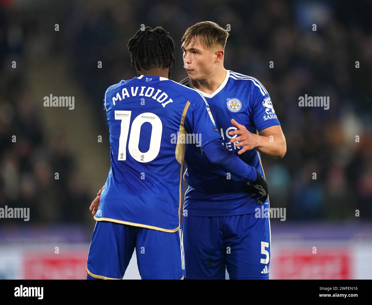 Leicester City's Stephy Mavididi celebrates scoring their side's second goal of the game with Callum Doyle during the Sky Bet Championship match at the King Power Stadium, Leicester. Picture date: Tuesday January 30, 2024. Stock Photo