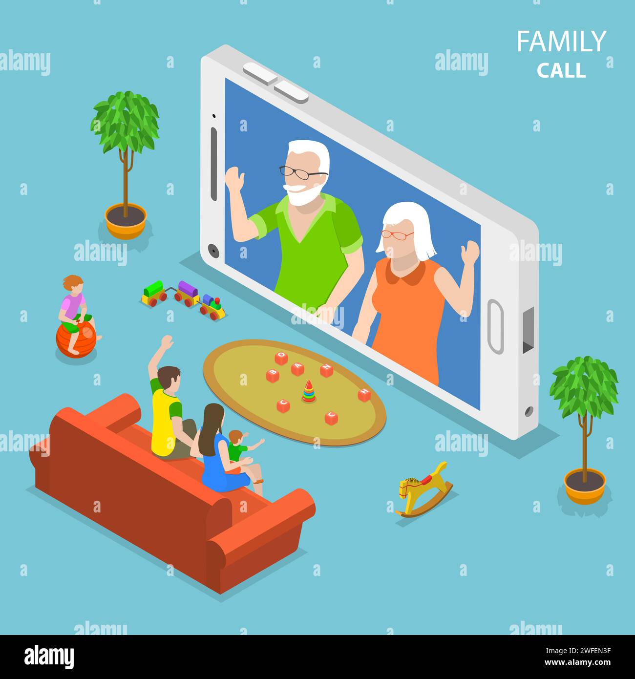 Family call flat isometric vector concept. Young family with 2 kids are having video call with thair parents using the smartphone. Stock Vector