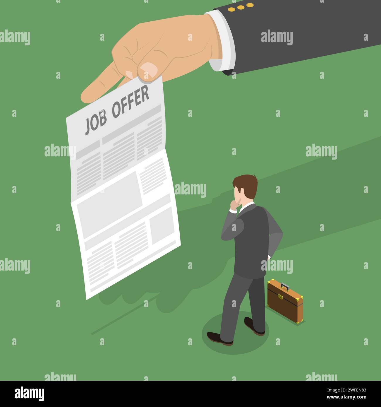 Job offer flat isometric vector concept. Businessman is standing in front of the paper sheet with new job conditions that is held by a big hand. Stock Vector