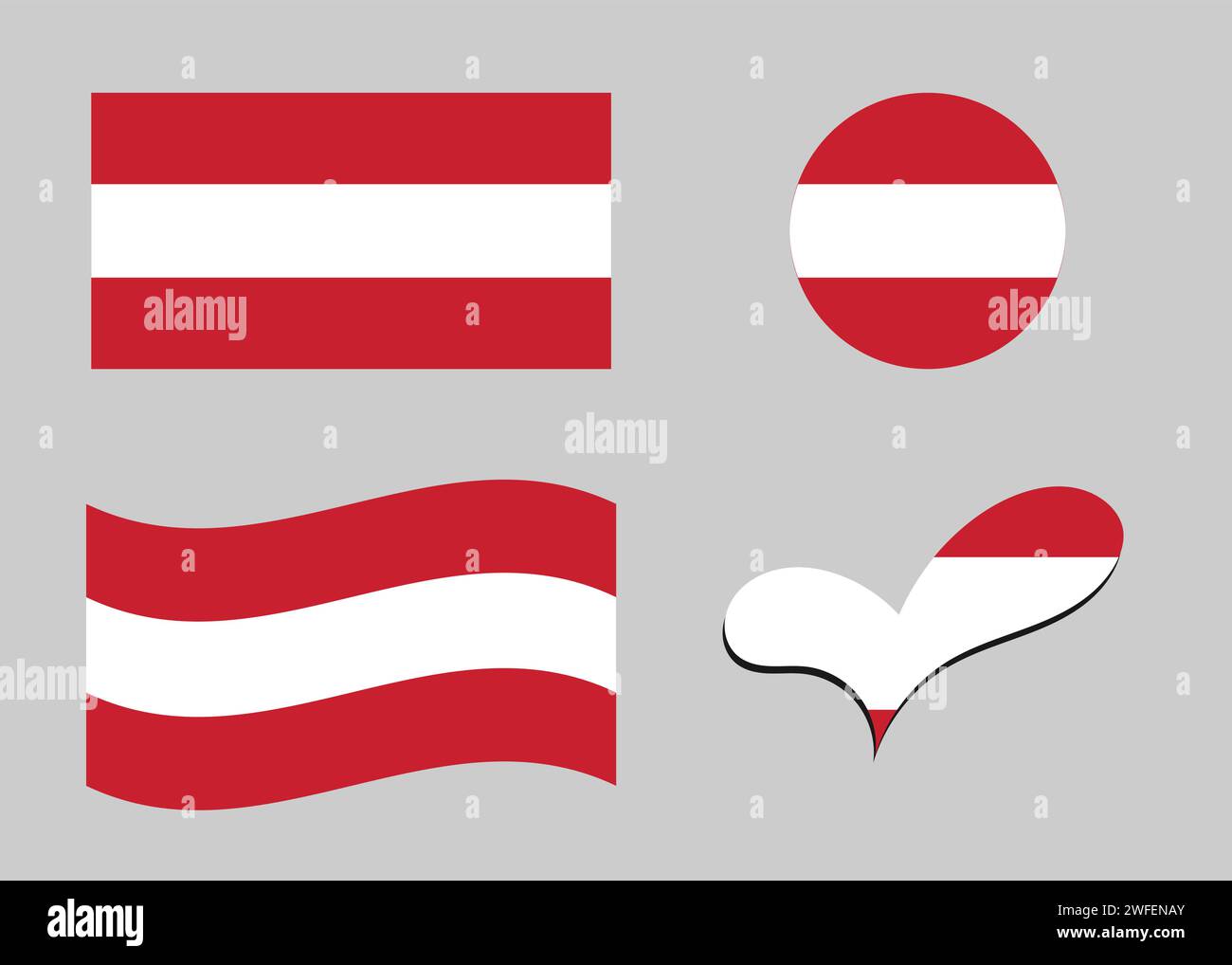Flag of Austria. Austria flag in heart shape. Austria flag in circle shape. Country flag variations Stock Vector
