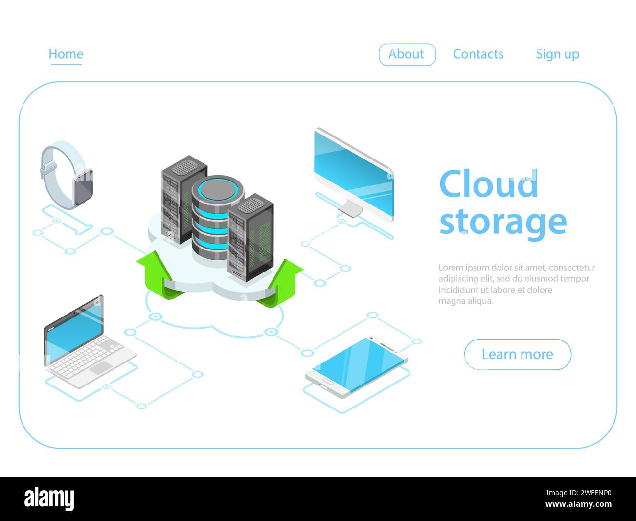 Flat isometric vector concept of cloud online storage, big data computing service, mobile device sync. Stock Vector