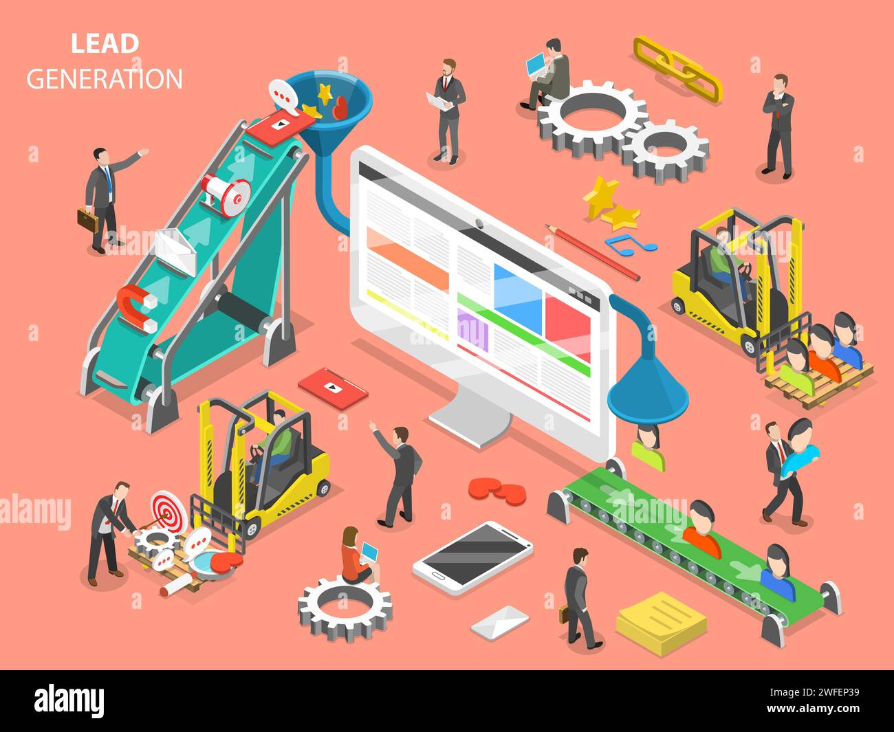 Lead generation flat isometric vector concept. People are loading ...