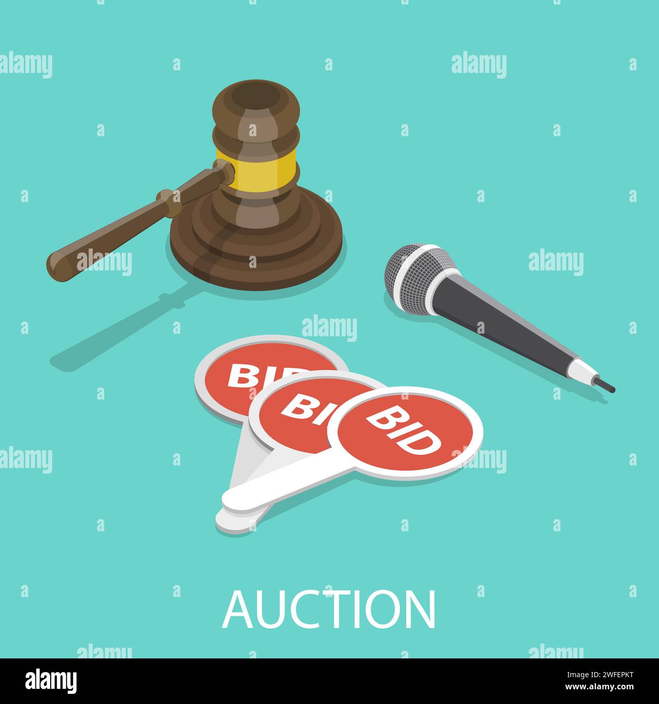 Auction flat isometric vector concept. Hammer, microphone and bidding paddles. Stock Vector