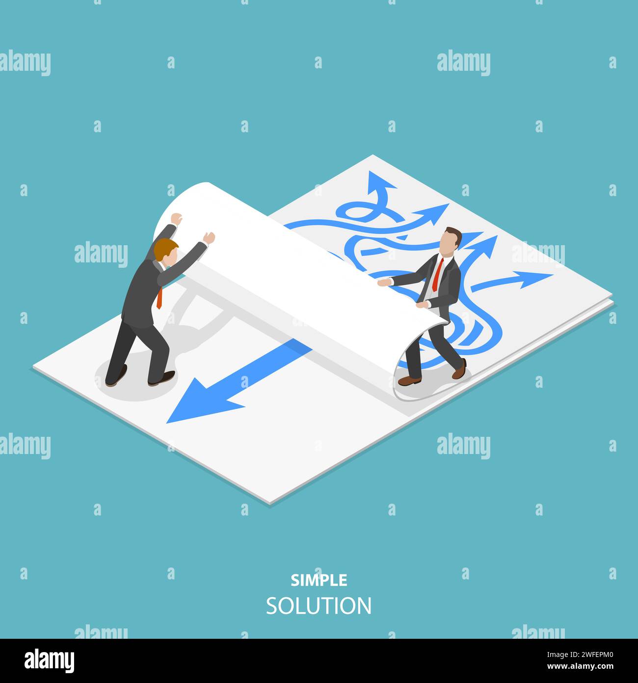 Simple solution flat isometric vector concept. Two man are taking away a paper sheet with many curved arrows to different directions on it to clear a Stock Vector