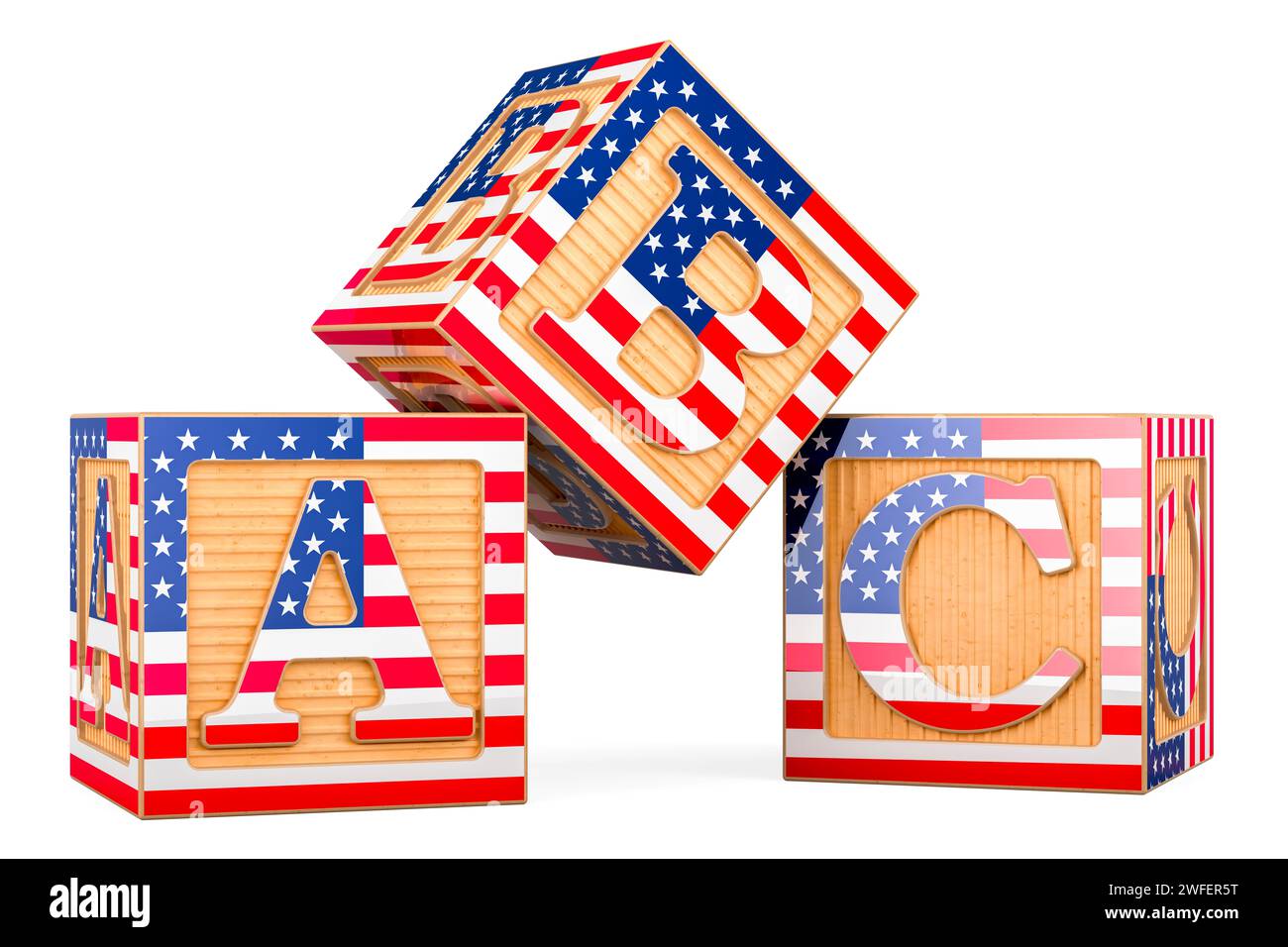 ABC cubes with the United States flag. 3D rendering isolated on white background Stock Photo