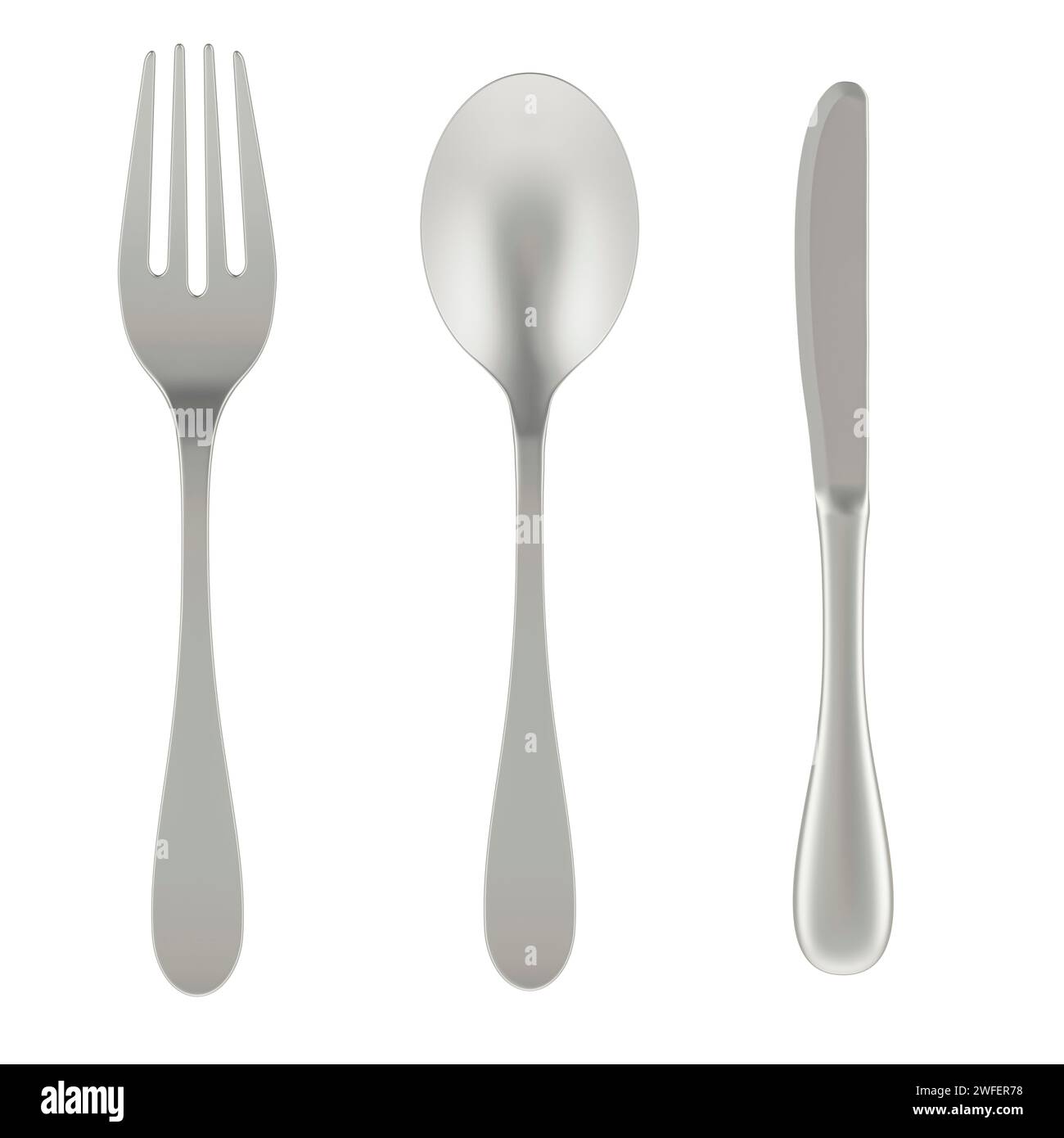 Spoon, fork and knife, 3D rendering isolated on white background Stock ...