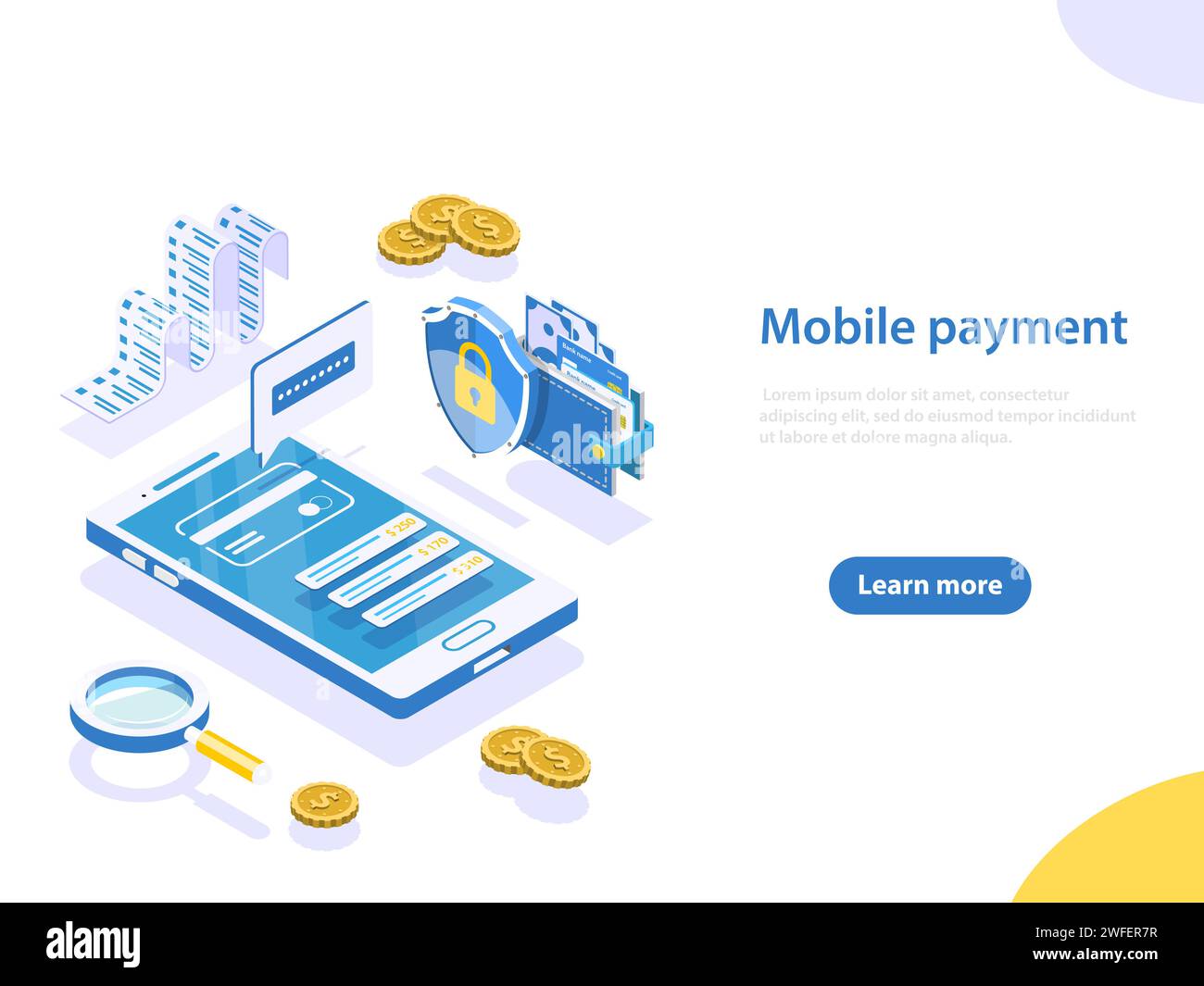 Flat isometric vector concept of online payment, shopping, receipt, money transfer, mobile wallet. Stock Vector
