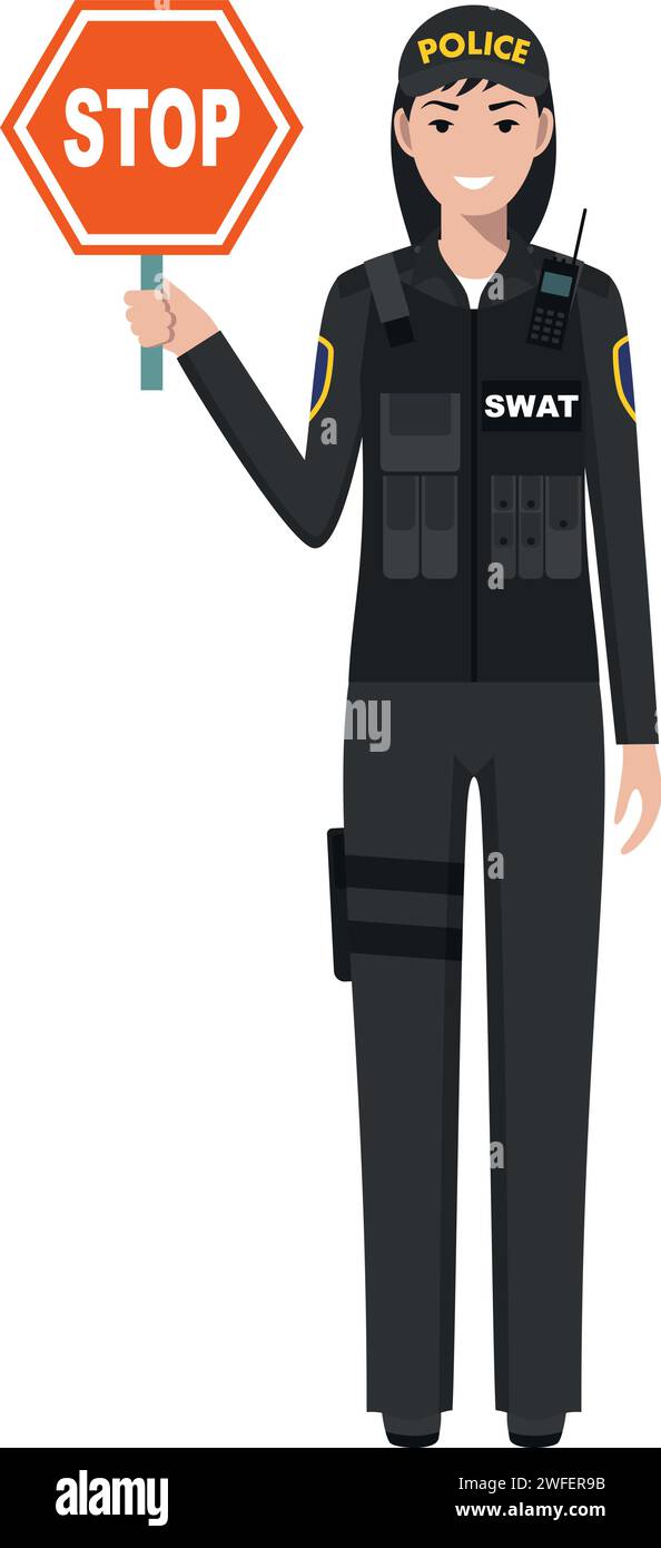 Standing SWAT Policewoman Officer with Warning Sign Stop in Traditional Uniform Character Icon in Flat Style. Stock Vector