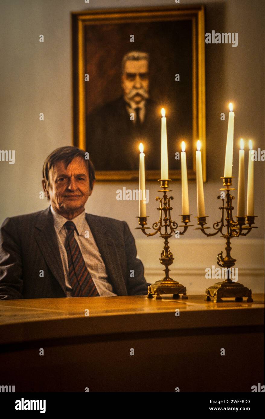 Olof Palme and Hjalmar Branting portrait in guvernement building. Candlestick holder was a gift from Hjalmar Branting to the Palme family. Stock Photo