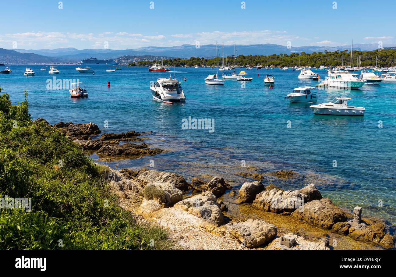 Cannes, France July 31, 2022 Ile Sainte Marguerite and Saint Honorat island panorama with and