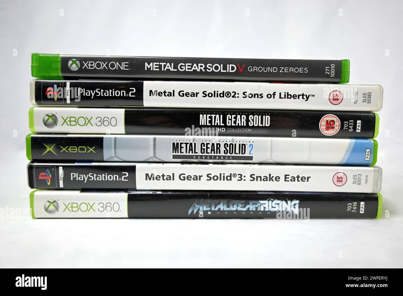 Metal Gear Solid video games stacked pile – Wales, UK  –  29 January 2024 Stock Photo