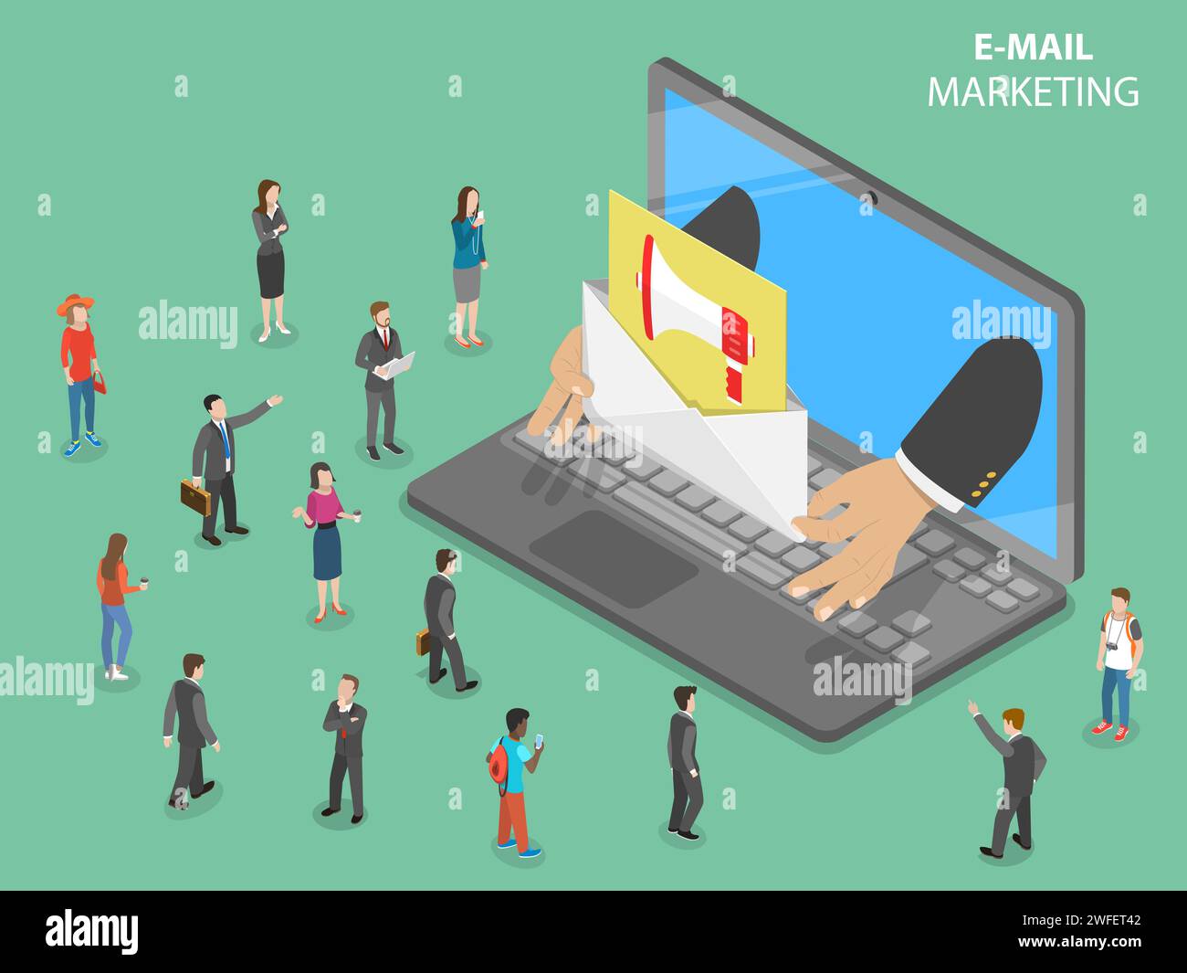 E-mail marketing flat isometric vector concept. Hands from the laptop shows a letter with promotion sign in it to the audience. Digital advertising ca Stock Vector