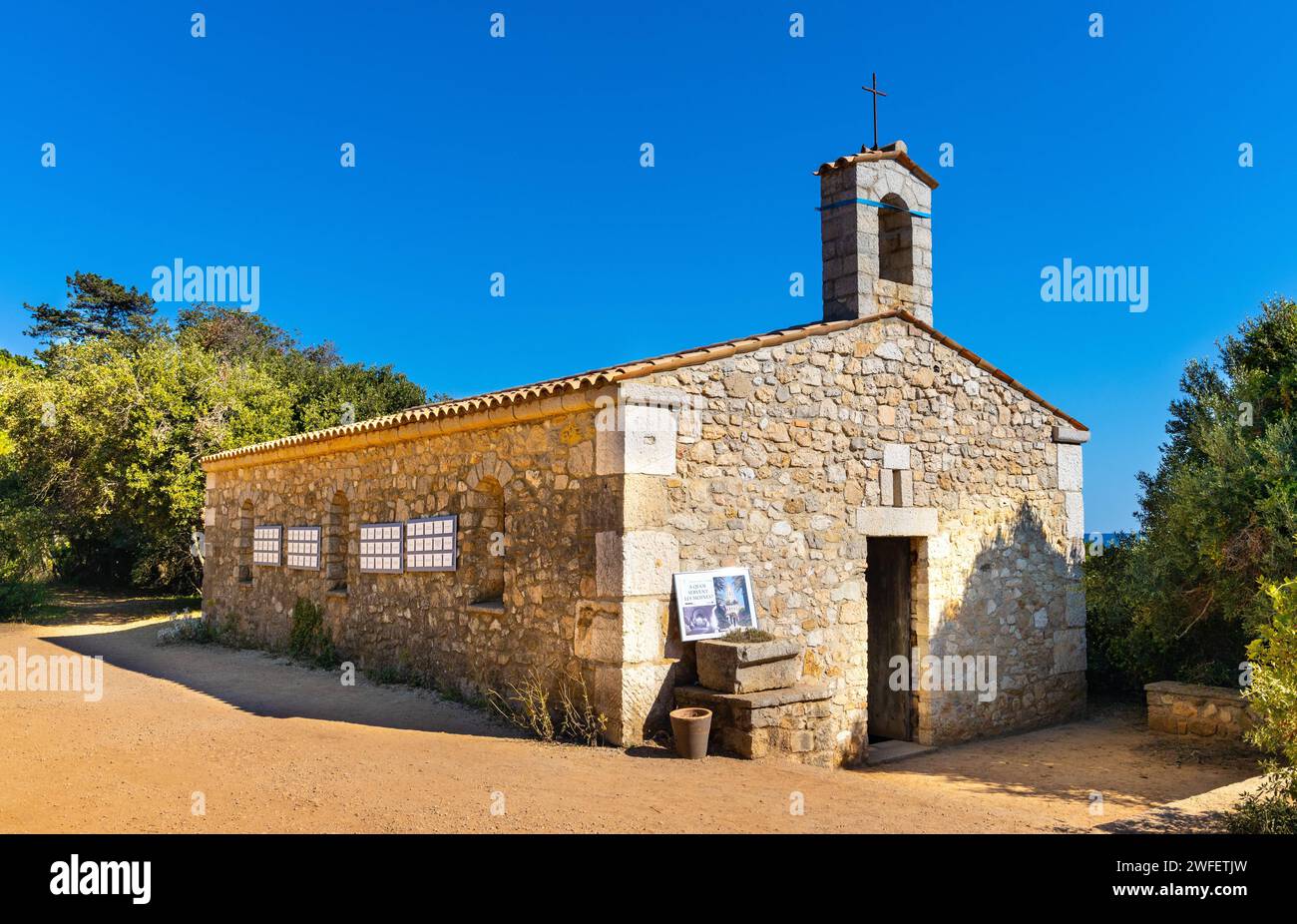 Cannes, France - July 31, 2022: Chapelle Saint Pierre St. Peter Chapel of Abbaye de Lerins monastery on Saint Honorat island offshore Cannes at French Stock Photo