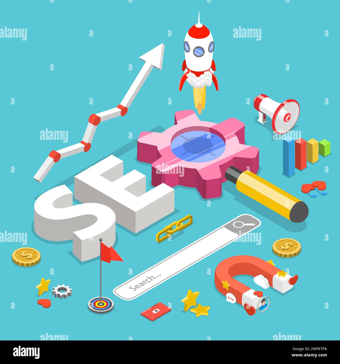 SEO. Flat isometric vector concept of search engine optimization. Stock Vector