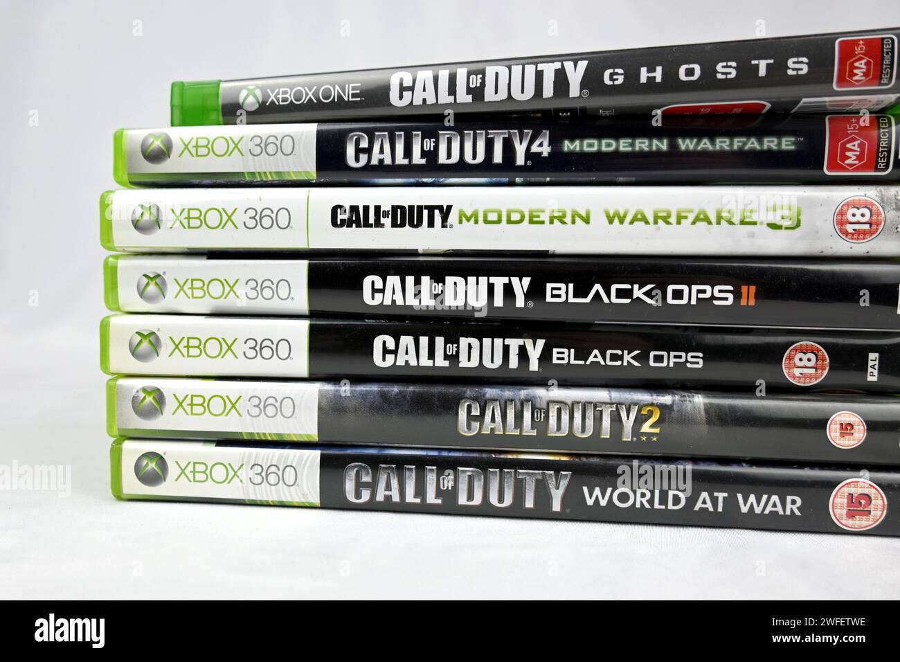 Call Of Duty COD video games stacked pile – Wales, UK  –  29 January 2024 Stock Photo