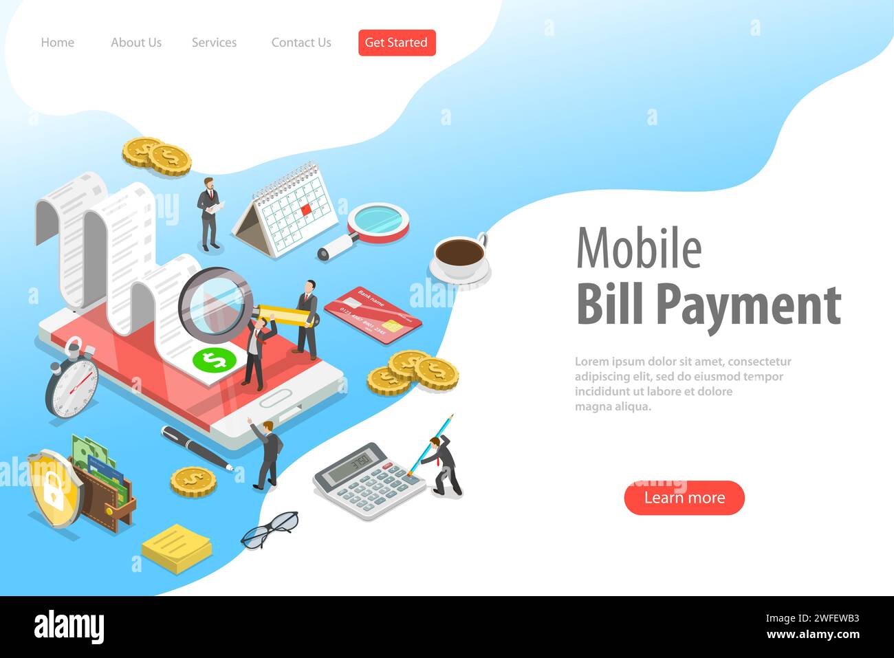 Flat isometric vector landing page template of online bill payment ...