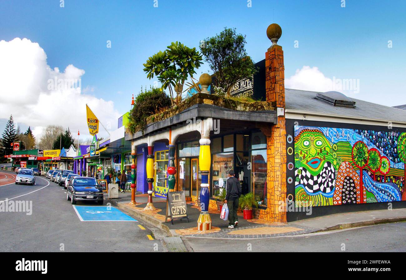 Main street of Kawakawa, New Zealand, showing features developed by