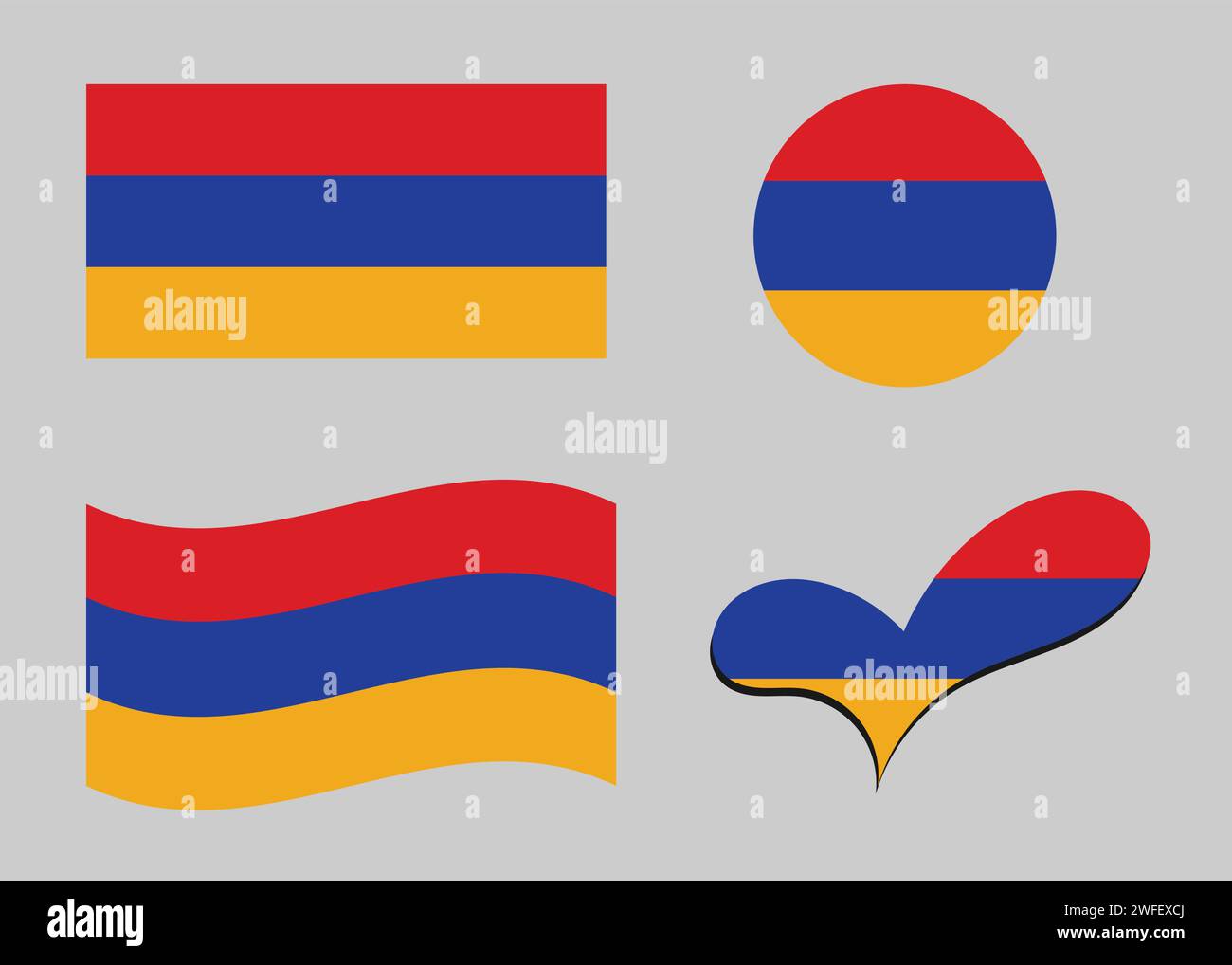 Flag of Armenia. Armenia flag in heart shape. Armenia flag in circle shape. Country flag variations Stock Vector